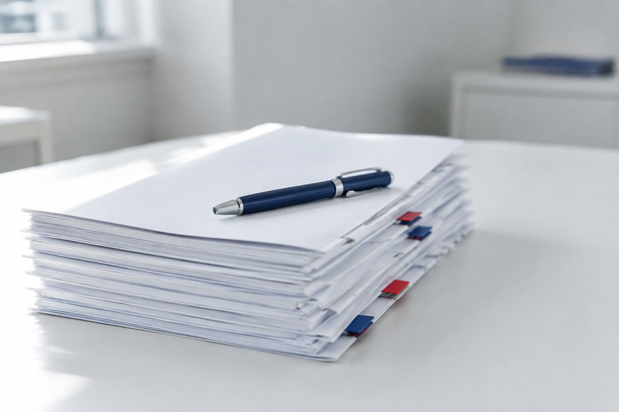 Pile de dossiers blancs à intercalaires rouges et bleus sur un bureau clair, stylo plume encre bleue posé dessus