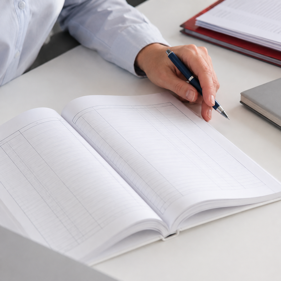 Grand cahier registre quadrillé ouvert sur un bureau blanc, main et stylo à côté