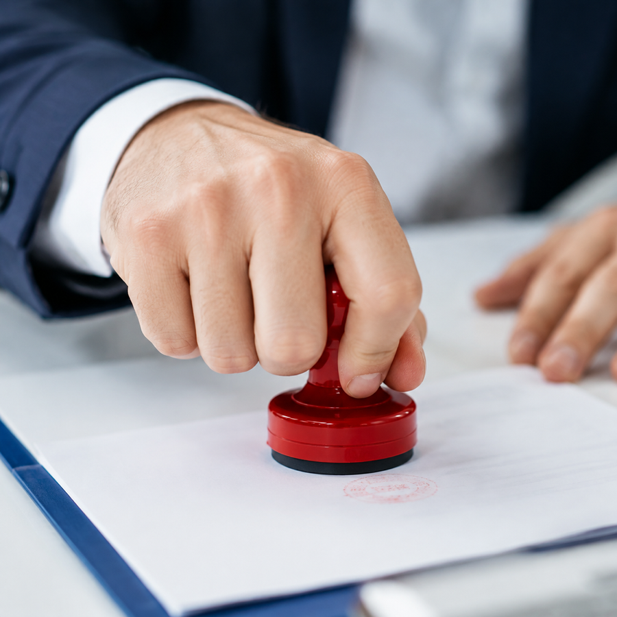 Main apposant un tampon rond rouge sur un document blanc, marque illisible